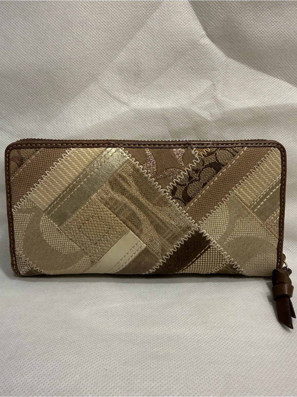 Coach Patchwork Accordion Zip Around Wallet in Beige and Brown